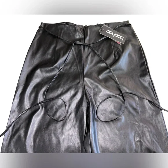 Boohoo Faux Leather Wide Leg Pants Size 14 NWT Tie Waist Back Zipper High Waist - Picture 2 of 10